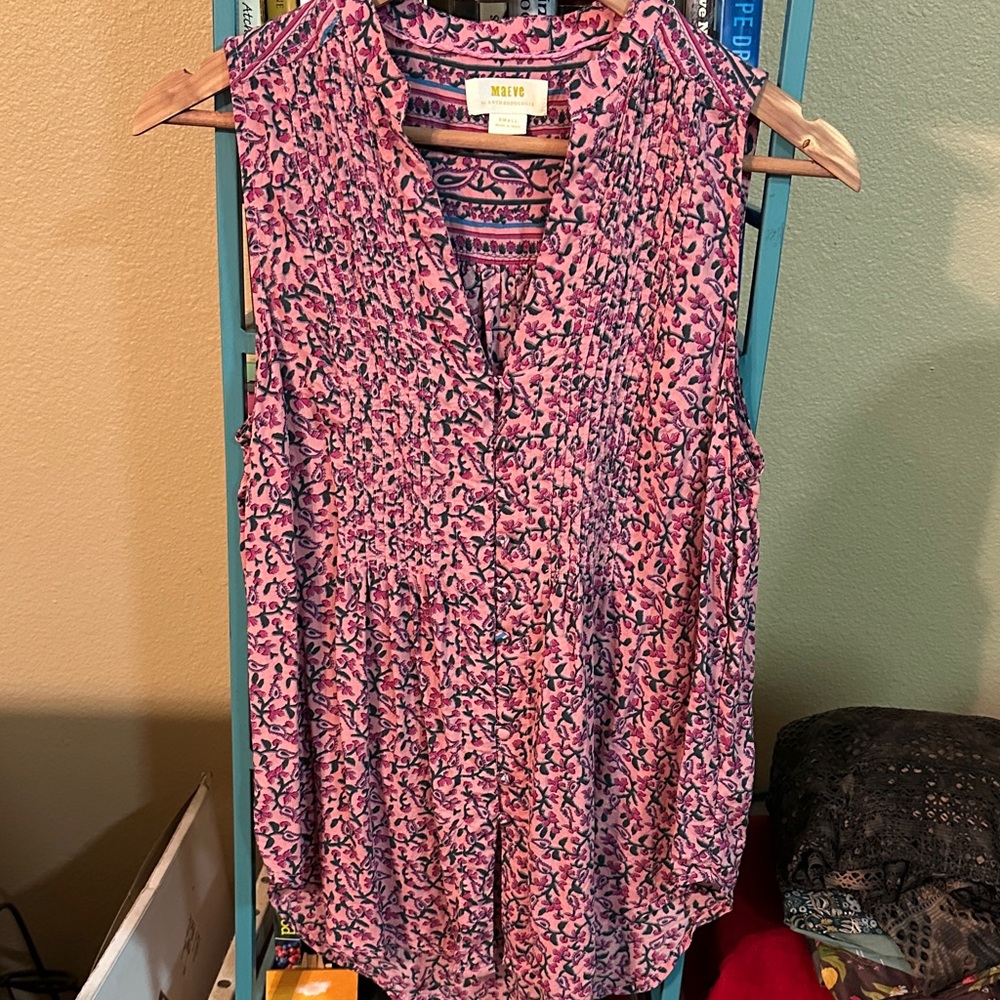 Maeve Vibrant Pink with Green Floral Patterned V-neck Blouse